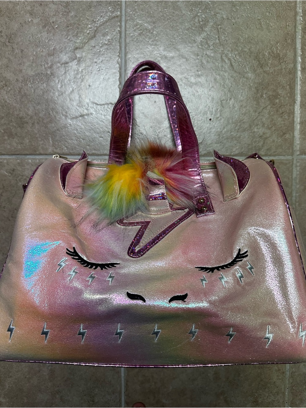 Girls Shimmer Pink Unicorn Tote Bag with Rainbow Pom